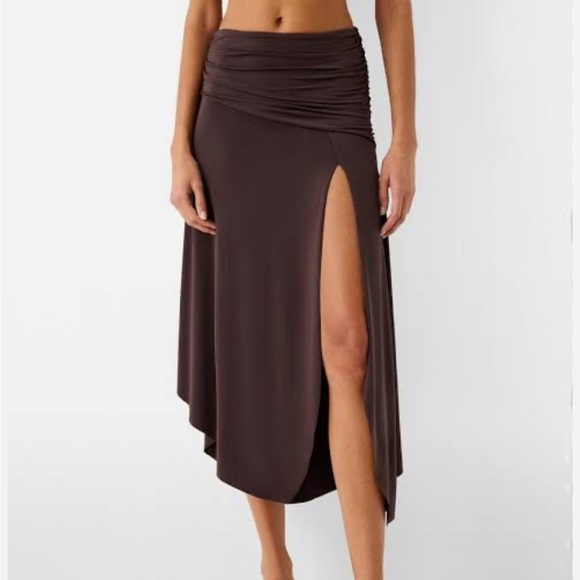 Sexy ruched brown skirt with high slit and fairy hemline - Picture 1 of 3